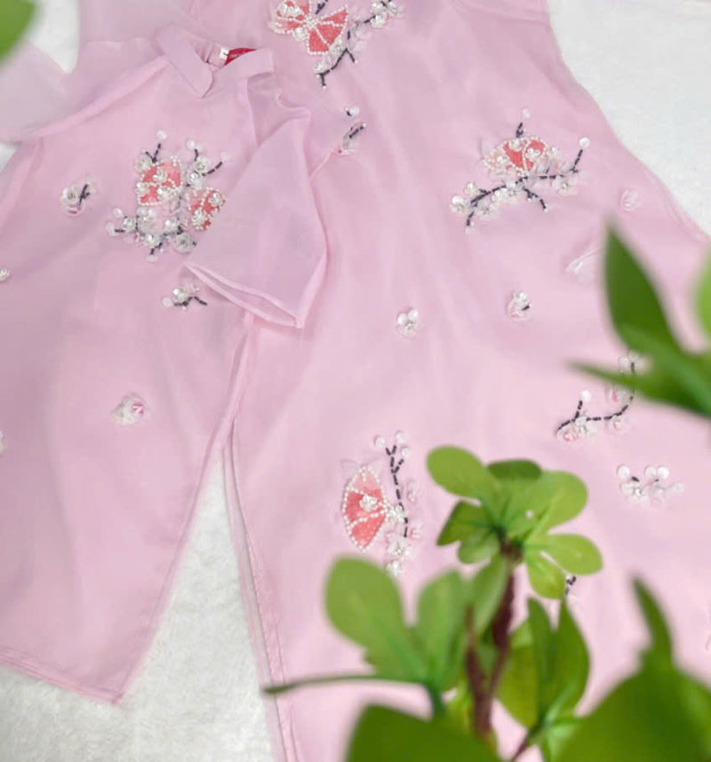 Pink Floral Sparkle Modern Ao Dai | Matching Ao Dai Mom & Daughter | Áo Dài Đôi Mẹ Và Bé | Ao Dai Tet 2025