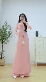 Pink Traditional Ao Dai with 3D Floral and Crystal Beading Set | Áo Dài Hồng Truyền Thống B2