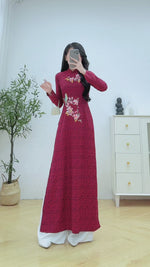 Floral Burgundy Traditional Vietnamese Ao Dai No Pants | Áo Dài Đỏ Đậm Thêu Hoa H40