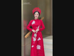 Red Bridal Ao Dai with Crystal Embellished Cranes and Lotus Flowers | Red Bridal Dress | No Headband E24