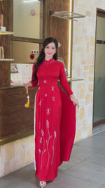 Red Floral Traditional Vietnamese Ao Dai with Hand-Beaded Crystals No pants F39