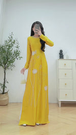 Yellow Lotus Traditional Ao Dai Crystal Beading No Pants | Áo Dài Truyền Thống H41