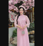 Blush Petal Elegance Ao Dai Set No Headband| Áo Dài Hồng Đào Xuân F14