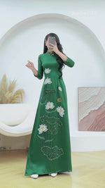 Green Designed Ao dai with  3D Lotus Hand beaded crystals | Traditional Vietnamese Ao Dai E17