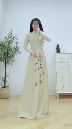 Floral Beige Traditional Vietnamese Ao Dai No Pants | Áo Dài Kem Thêu Hoa C12