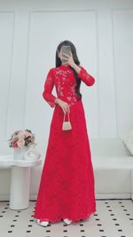 Red Lace Traditional Vietnamese Áo Dài with Rose and Butterflies Embellishments | VN-A3