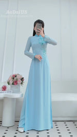 3D Floral with Crystal Blue Traditional Vietnamese Ao Dai Set A52