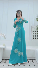 Turquoise Blossom Ao Dai Traditional Vietnamese Ao Dai No Pants