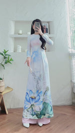 Blue Lotus Elegance Ao Dai Vietnamese Traditional Ao Dai H7