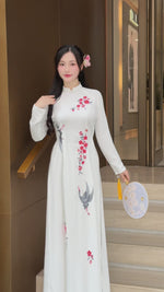 Uyen Sa Floral Embroidery with Pearls Vietnamese Ao Dai Set D27