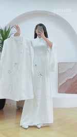 White Bridal Ao Dai with Crystal Embellished Cranes and Lotus Flowers | White Bridal Dress E24