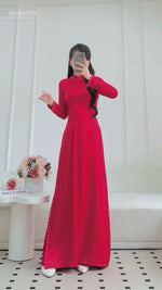 Red Gam Ao Dai with Imperial Floral Pattern and Beaded Pearls Set | Áo dài Gấm đỏ họa tiết hoa đính hạt ngọc