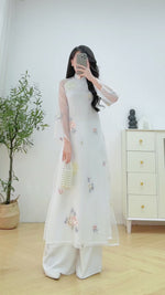 Peony White Modern Ao Dai No Pants | Áo Dài Trắng Tơ Ren Hoa Mẫu Đơn H6