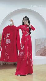 Red Bridal Ao Dai with Crystal Embellished Cranes and Lotus Flowers | Red Bridal Dress E24