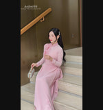 Pink Ao Dai with 3D Floral Embellishments and Crystals Set | Traditional Vietnamese Ao Dai | No Headband A51