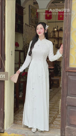 White Serenity with Butterflies Bridal Vietnamese Ao Dai Set
