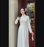 Elegant White Ao Dai featuring delicate Pearl Embellishments No Pants | Áo Dài Truyền Thống
