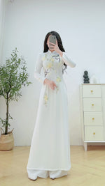 White Traditional Ao Dai with Embroidered Floral Ribbon No Pants | Áo Dài Trắng Truyền Thống A22
