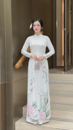 White LINH LAN Ao Dai with 3D Floral Embellishments and Crystals No Pants | Traditional Vietnamese Ao Dai A50