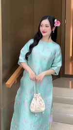 Teal Floral Vietnamese Ao Dai Set | Modern Silk Tunic with Cherry Blossom H35