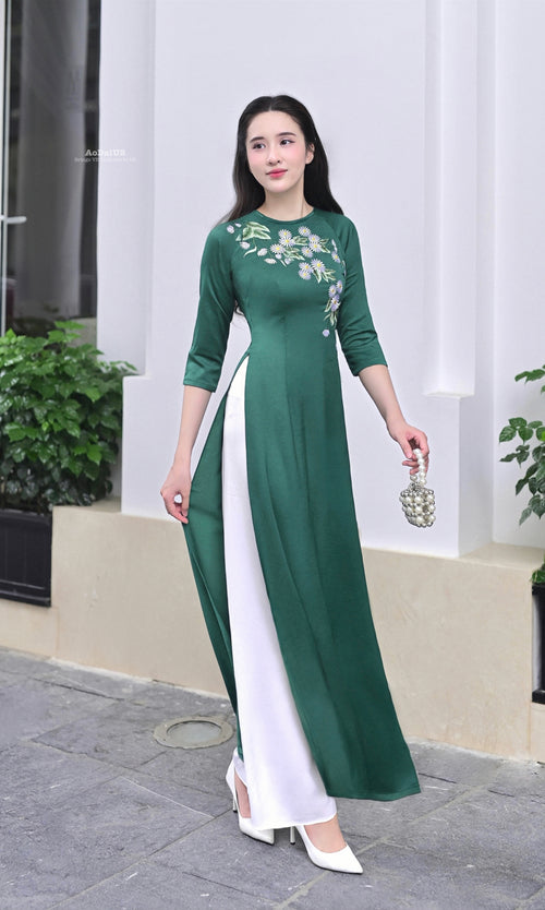 Green Cúc Mai Traditional Vietnamese Ao Dai Set D11