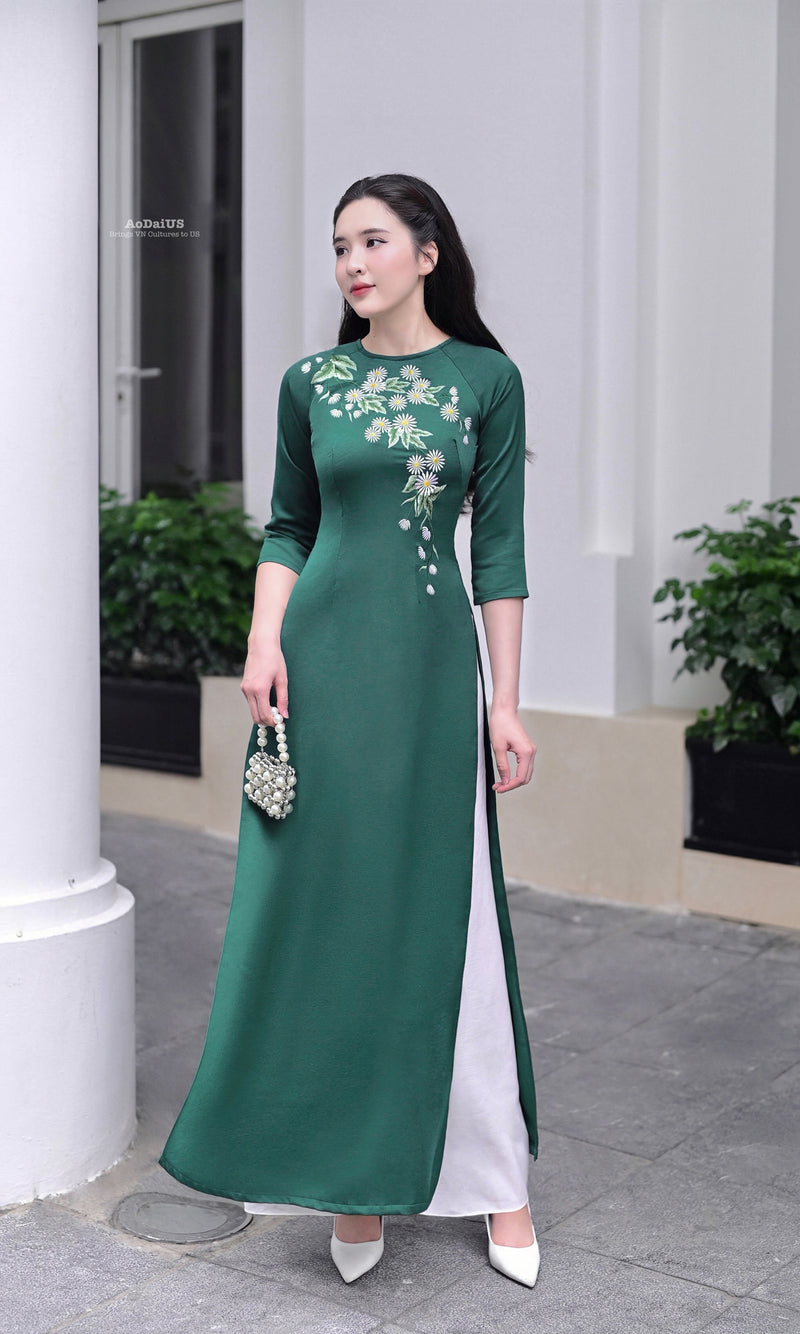 Green Cúc Mai Traditional Vietnamese Ao Dai Set D11