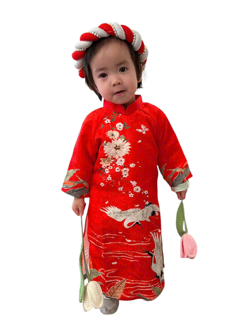 Red Girl Ao Dai Gấm Set | Pre-made Traditional Vietnamese Ao Dai | Lunar New Year| Ao Dai With Headpiece