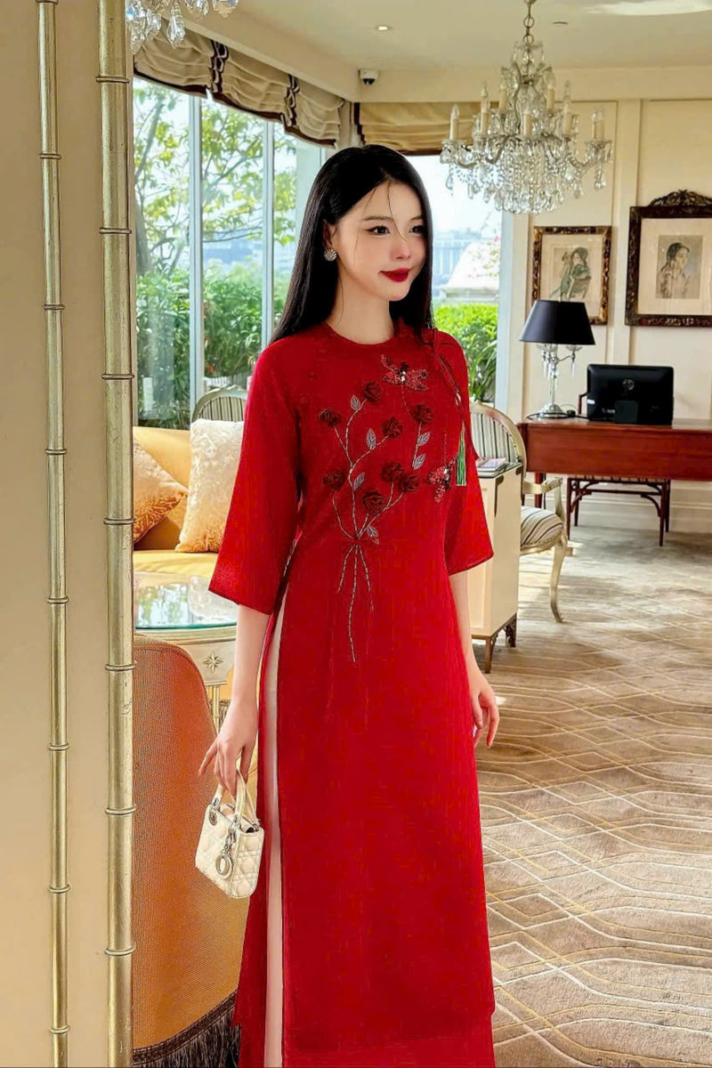 Red Crytal Beaded Modernized Ao Dai Set | Vietnamese Ao Dai | Áo Dài Cách Tân