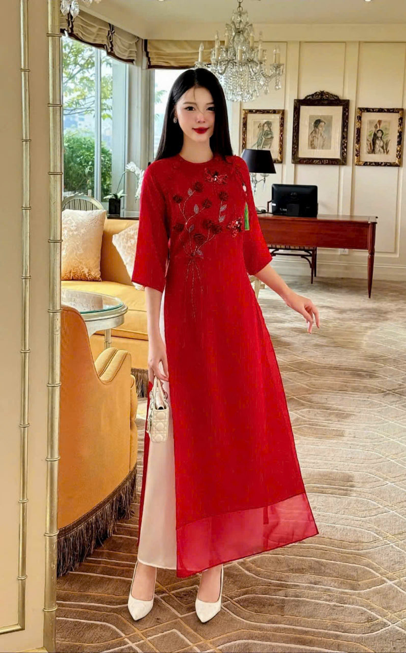 Red Crytal Beaded Modernized Ao Dai Set | Vietnamese Ao Dai | Áo Dài Cách Tân