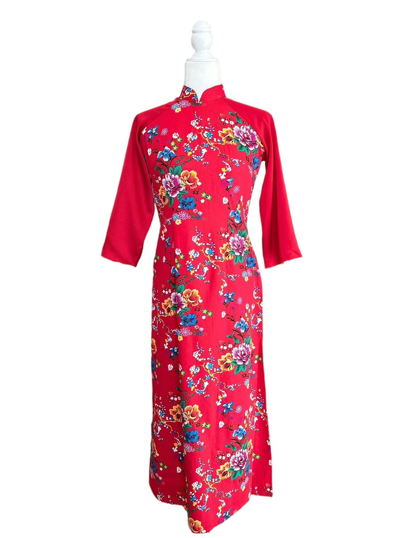 Red Printed Modernized Vietnamese Dress | Ao Dai With Traditional Neck | Ao Dai Viet Nam | Áo Dài Cách Tân