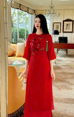 Red Crytal Beaded Modernized Ao Dai Set | Vietnamese Ao Dai | Áo Dài Cách Tân