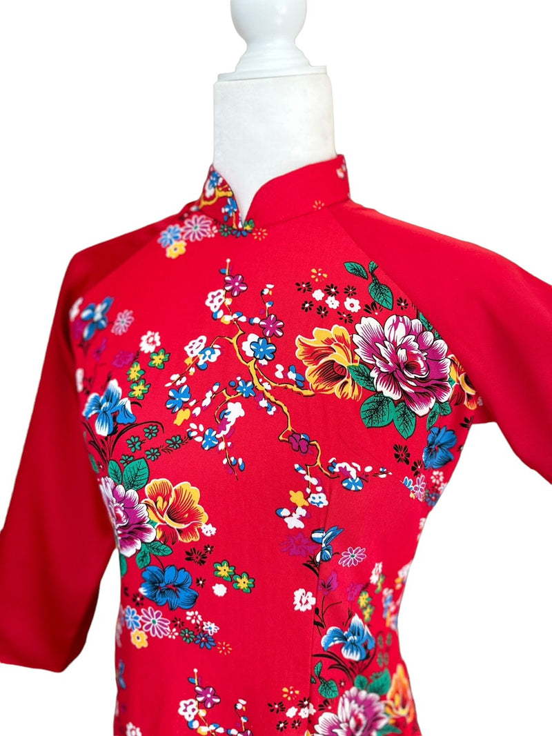 Red Printed Modernized Vietnamese Dress | Ao Dai With Traditional Neck | Ao Dai Viet Nam | Áo Dài Cách Tân