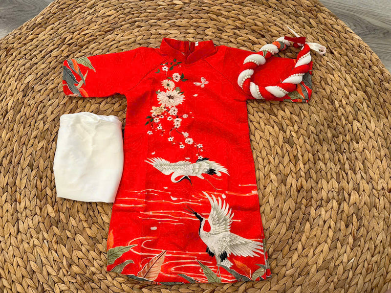 Red Girl Ao Dai Gấm Set | Pre-made Traditional Vietnamese Ao Dai | Lunar New Year| Ao Dai With Headpiece