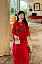 Red Crytal Beaded Modernized Ao Dai Set | Vietnamese Ao Dai | Áo Dài Cách Tân