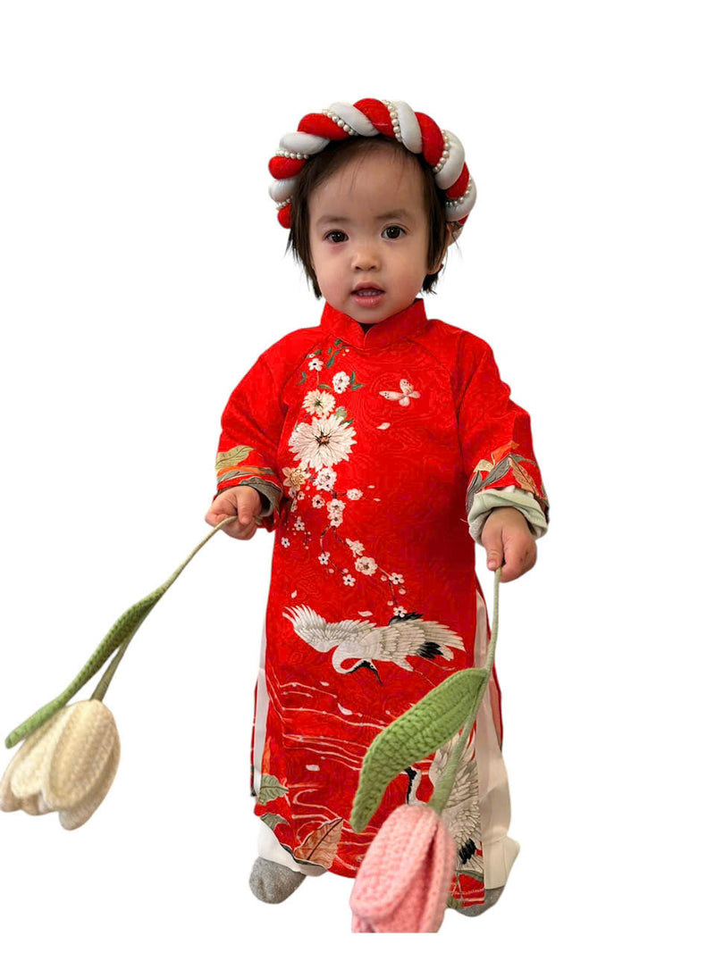 Red Girl Ao Dai Gấm Set | Pre-made Traditional Vietnamese Ao Dai | Lunar New Year| Ao Dai With Headpiece