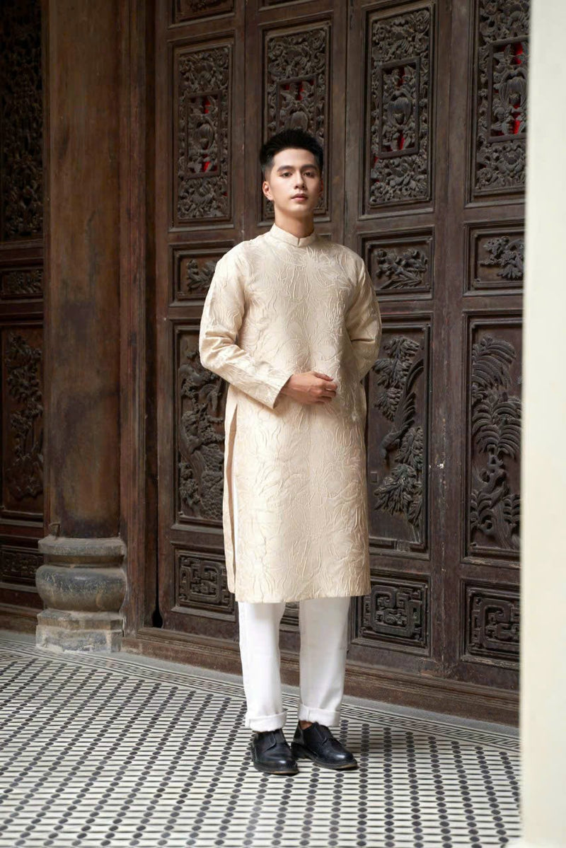 Men Dress | Beige Hidden Pattern Modernzed Ao Dai For Men | Áo Dài Nam