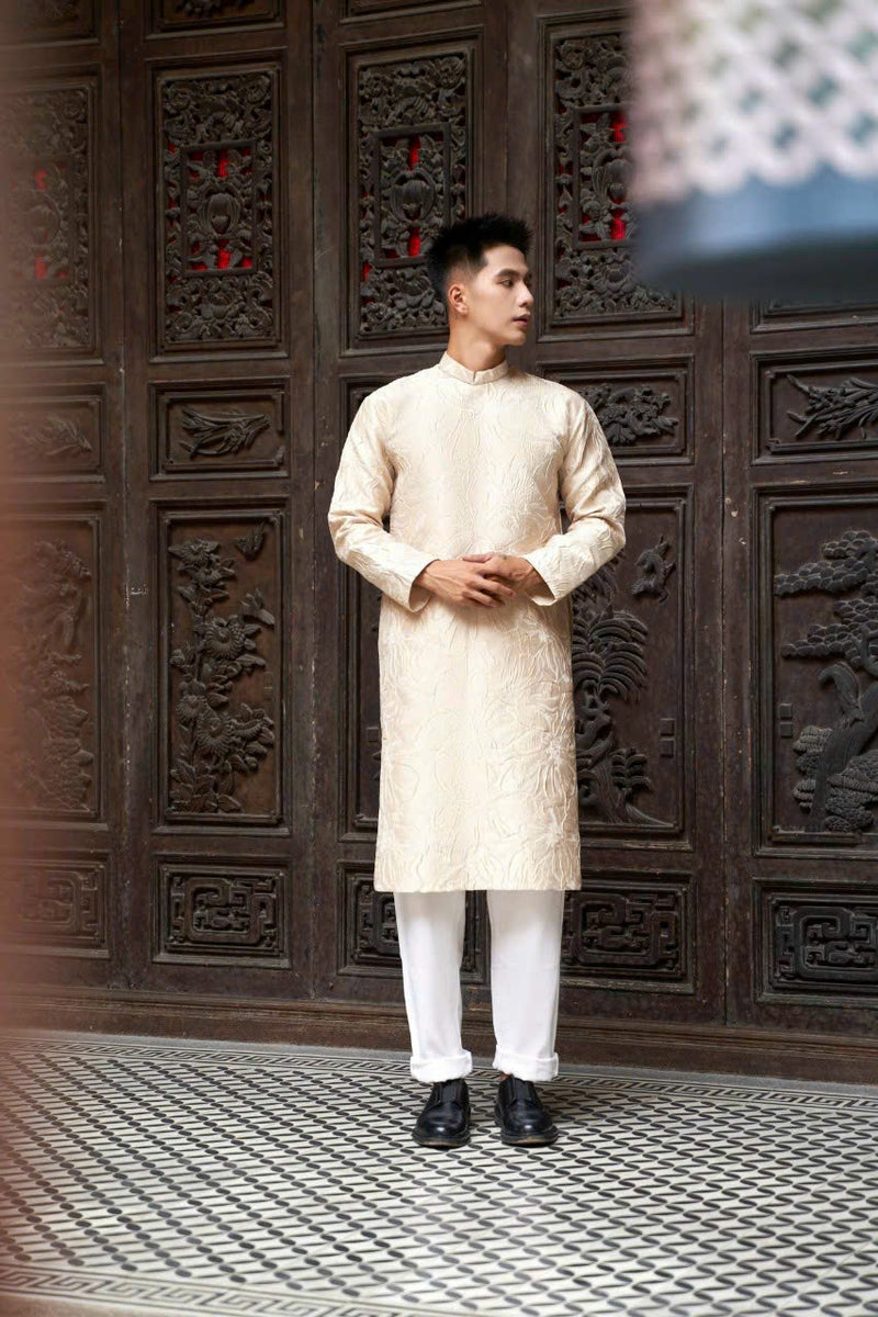 Men Dress | Beige Hidden Pattern Modernzed Ao Dai For Men | Áo Dài Nam