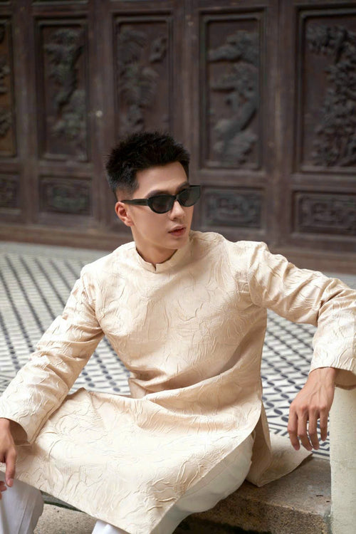 Men Dress | Beige Hidden Pattern Modernzed Ao Dai For Men | Áo Dài Nam D1