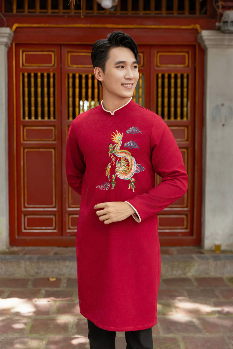 Red Dragon Embroidered Ao Dai Men | Men Dress | o Di Nam Ao Dai US Red Dragon Embroidered Ao Dai Men | Men Dress | o Di Nam Ao Dai US