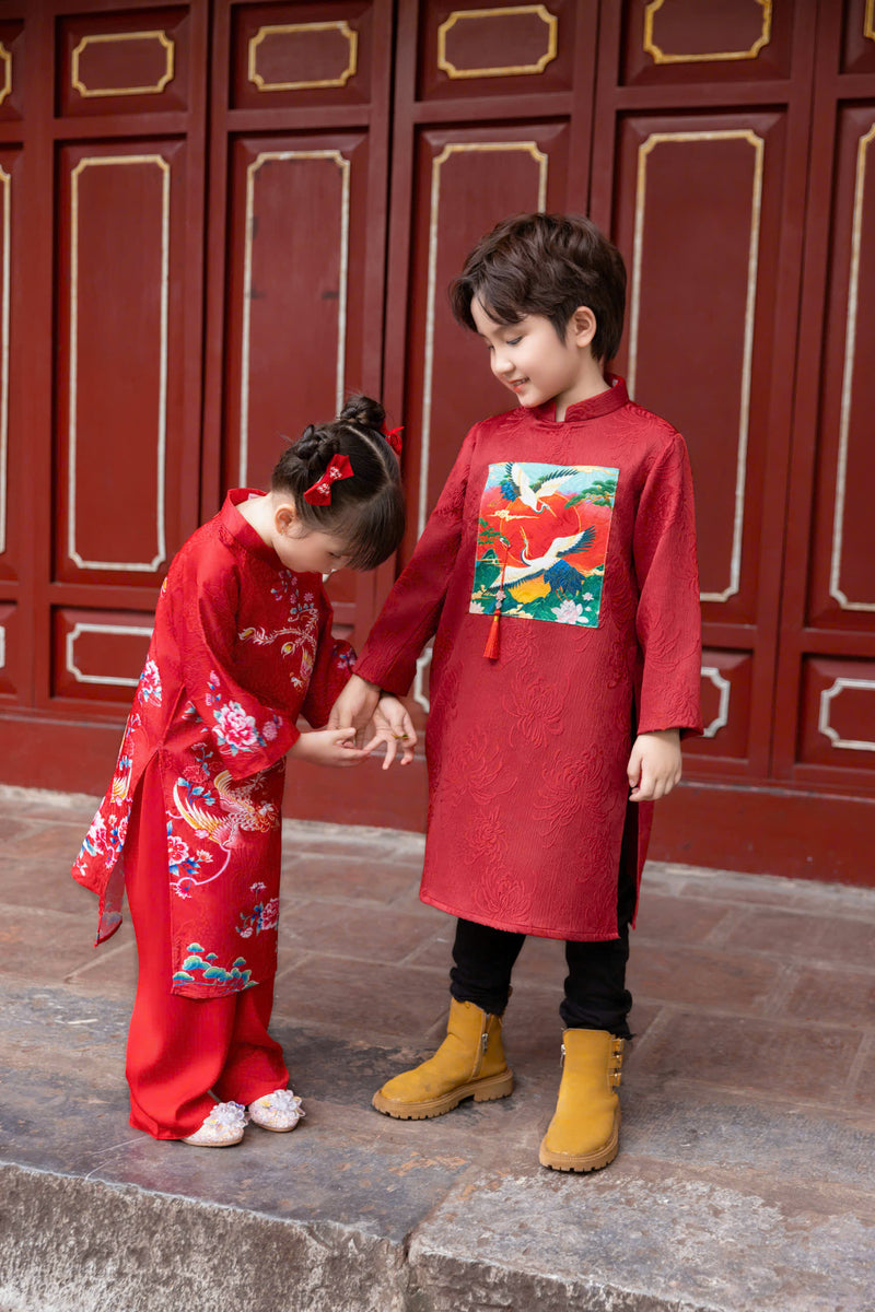 Dress For Boys | Áo Dài Bé Trai | Printed Bird Ao Dai For Son