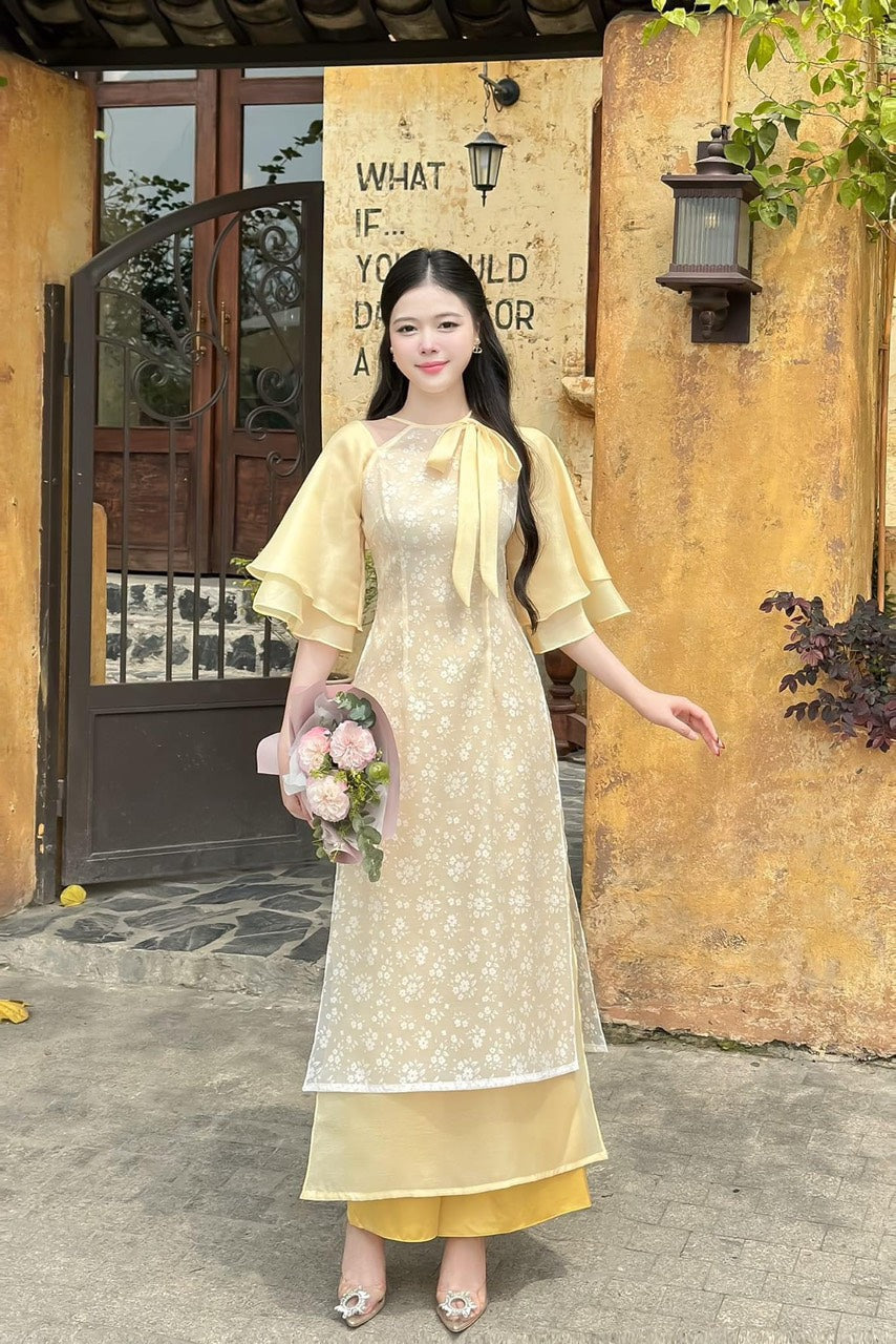 [No 258] ベトナムアオザイ(Áo dài Việt Nam) Ao Dai AT-258 Bộ Tằm Mem Ru Thêu Hoa Dao Xanh Ngọc XL
