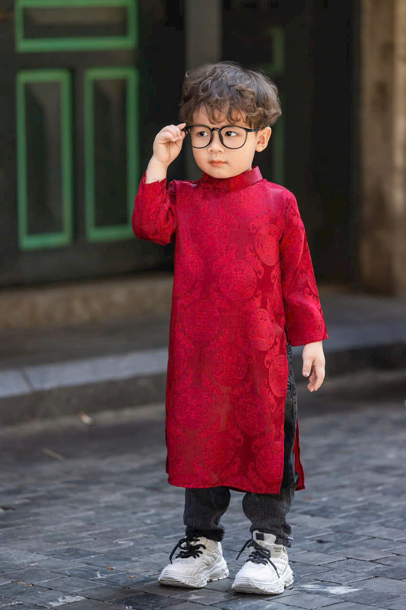 Ao Dai Dress For Boys | Red Blue Silk Ao Dai For Kid Boys | Áo Dài Bé Trai | C23