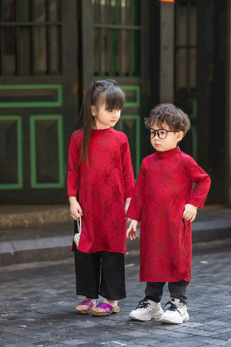 Ao Dai Dress For Boys | Red Blue Silk Ao Dai For Kid Boys | Áo Dài Bé Trai | C23