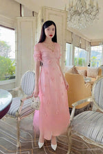 Pink 3d Floral Ao Dai Modern | Vietnamese Modernized Dress-No Pants I29