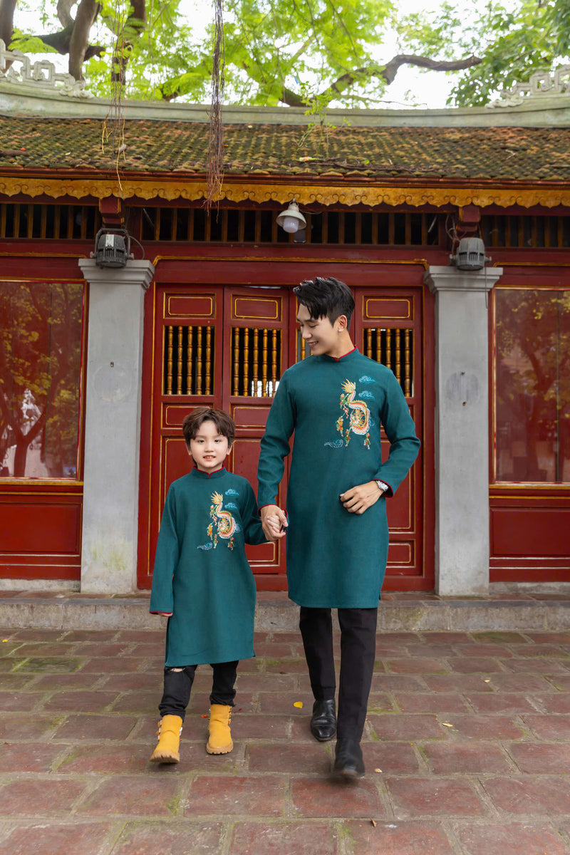 Teal Dragon Embroidered Ao Dai Men | Men Dress | Áo Dài Nam