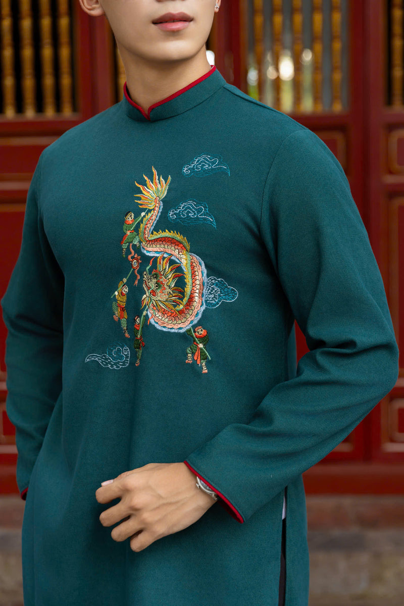 Teal Dragon Embroidered Ao Dai Men | Men Dress | Áo Dài Nam