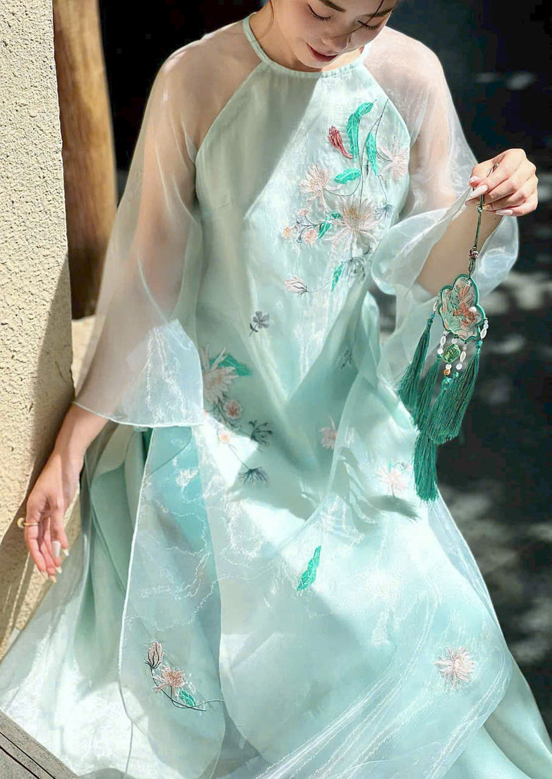 Mint Blue Floral Ao Dai Modern | Vietnamese Modernized Dress - No Pants  I29