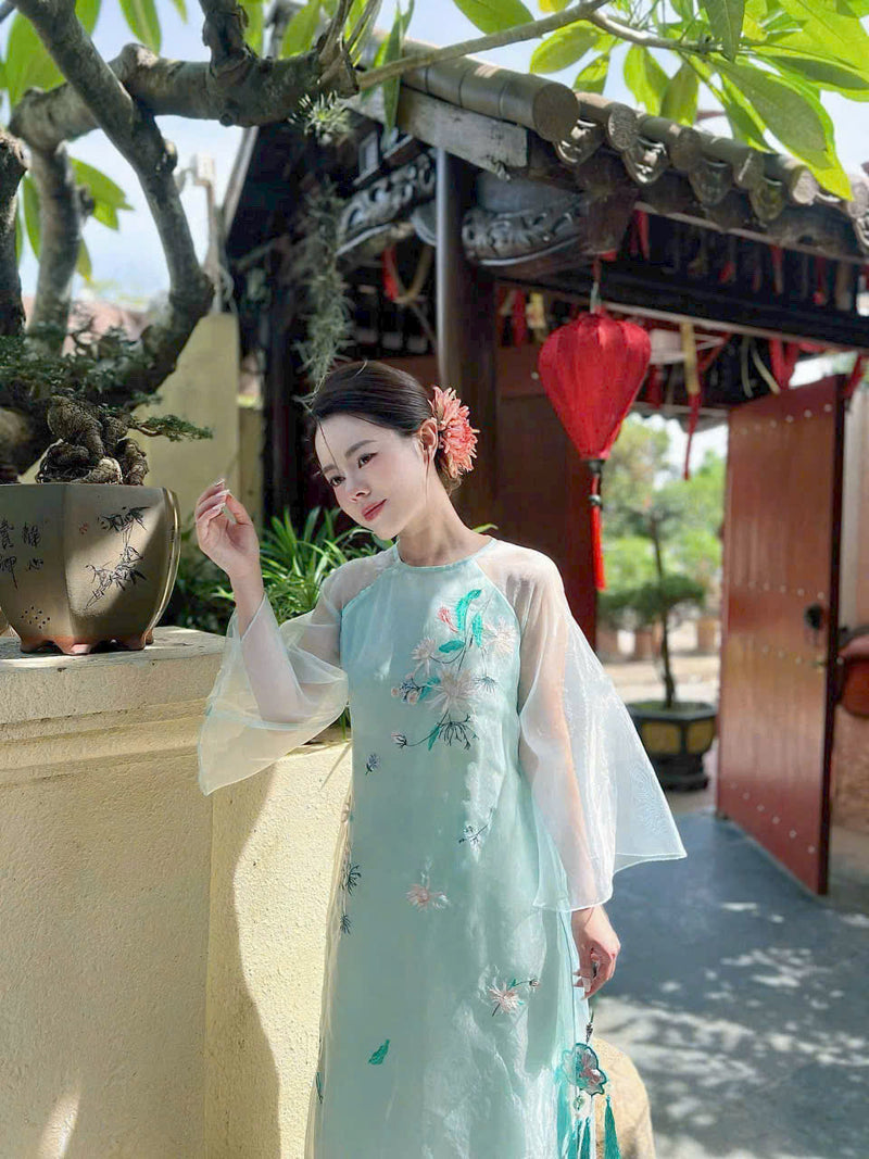 Mint Blue Floral Ao Dai Modern | Vietnamese Modernized Dress - No Pants  I29