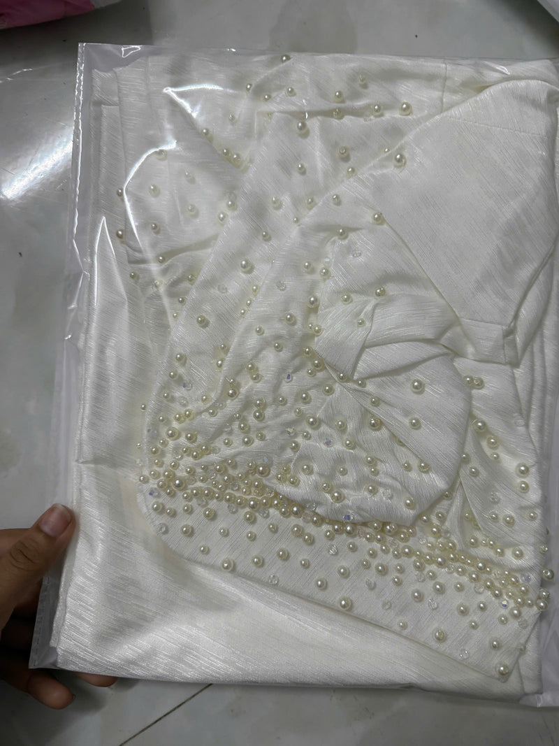 Elegant White Ao Dai featuring delicate Pearl Embellishments No Pants | Áo Dài Truyền Thống