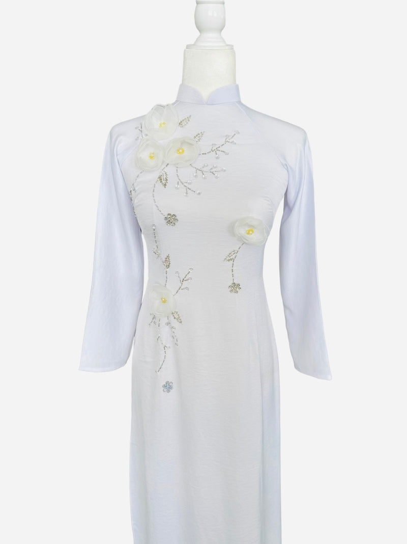 Traditional Ao Dai Dress | White Vietnamese Ribbon Ao Dai | Áo Dài Truyền Thống | Áo Dài Kết Hoa